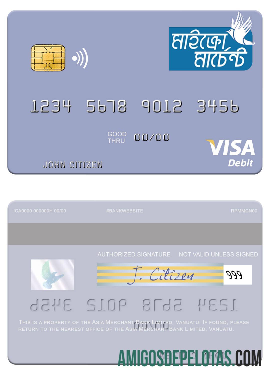 Cartão de débito Visa limitado do Vanuatu Asia Merchant Bank amostra